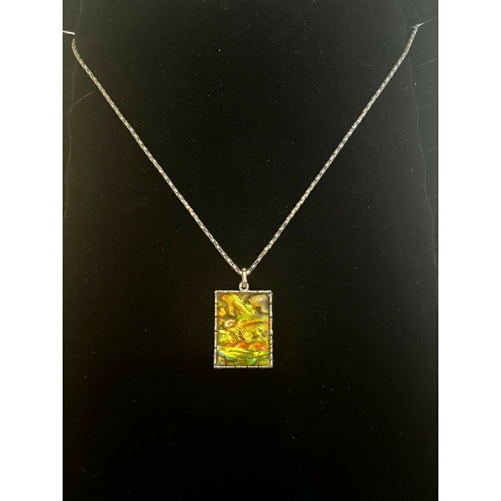 Vintage Earth-Toned Abalone Shell Pendant Necklace 20 Inch Chain Silver Tone